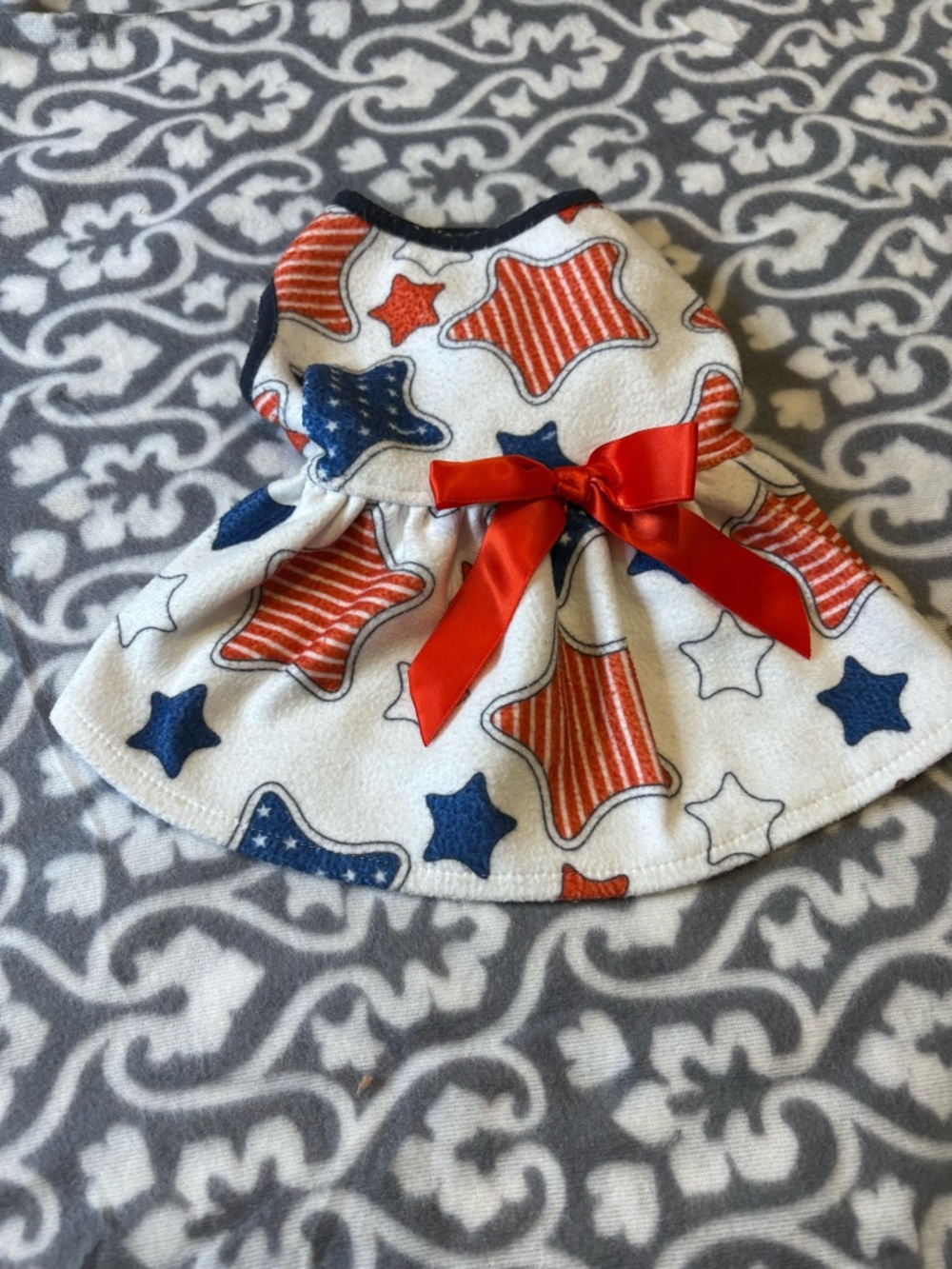 Patriotic Star Print Fleece Dress with Red Bow - Picture 2 of 4